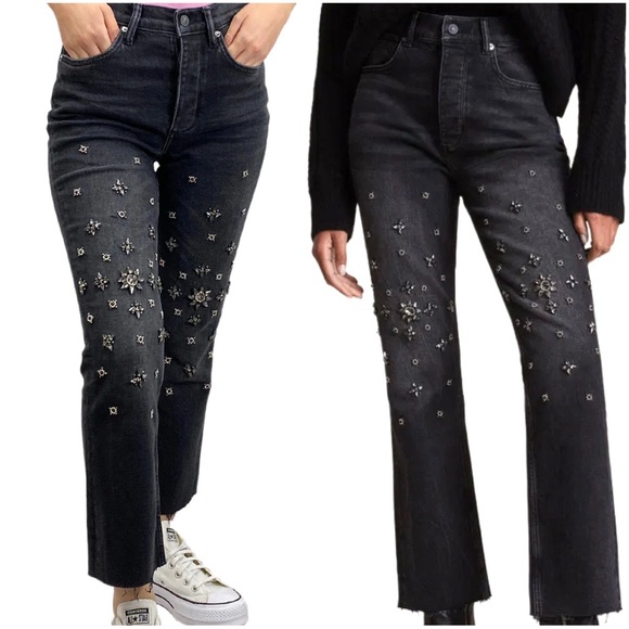 AllSaints NWT High-Waisted Rhinestone Embellished Flared Washed Black Jeans